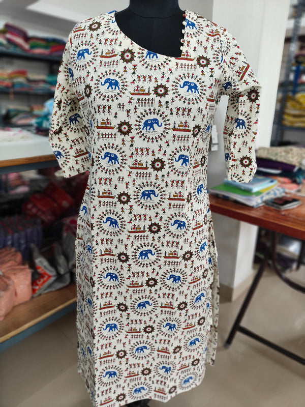WARLI PRINTED FLEX COTTON KURTIS (ONAM SPECIAL)0428