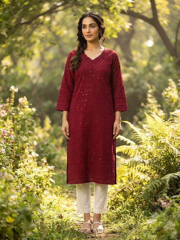 CHIKANKARI KURTIS MAROON 0605