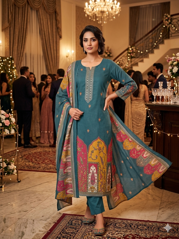 TEAL BLUE HANDWORK PREMIUM JAIPUR COTTON SALWAR SETS 0537