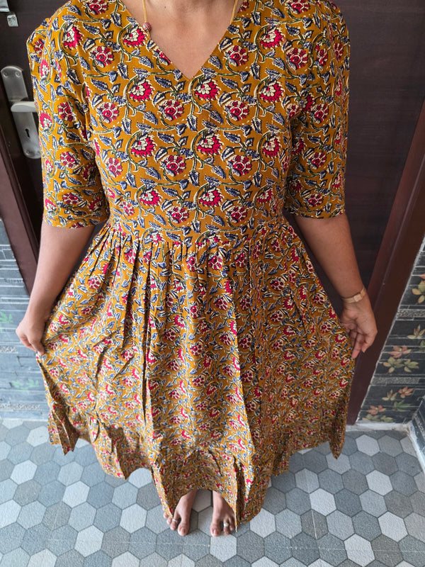 MUSTARD KALAMKARI DESIGN COTTON MAXI DRESS 0550