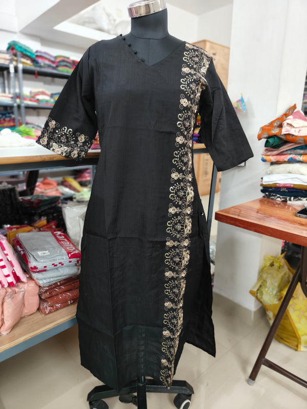 PREMIUM VATICAN SILK  ONE SIDE BLACK EMBRODIERY KURTIS 0490