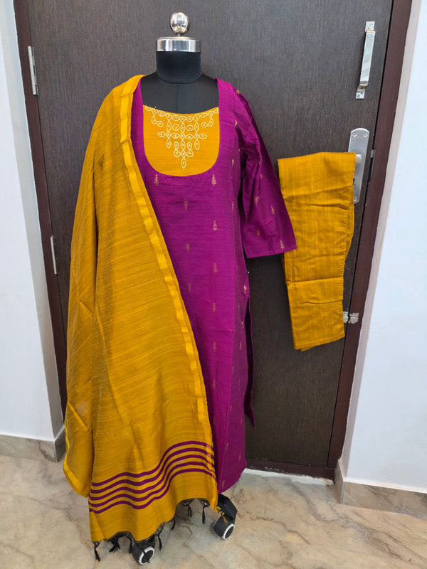 MAGENTA HANDLOOM RAW SILK KOLAM EMBROIDERED SALWAR SETS 2222