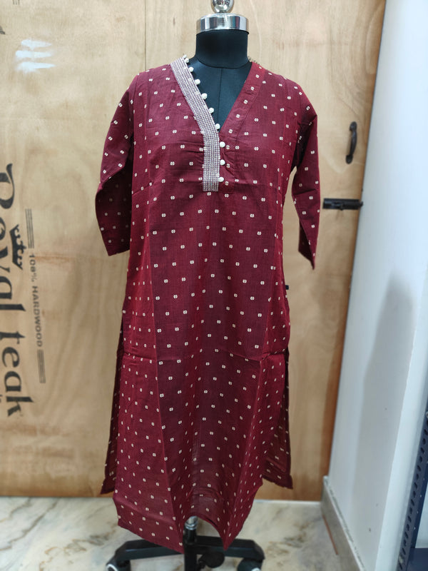 SELF WEAVING COTTON KURTIS MAROON 0456