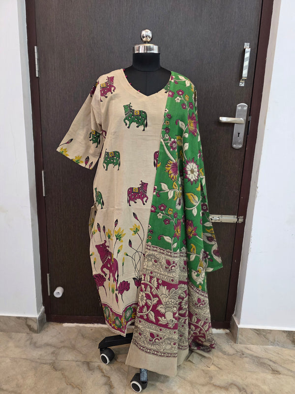 HAND PAINTED KALAMKARI COTTON KURTI +DUPPATTA 0561