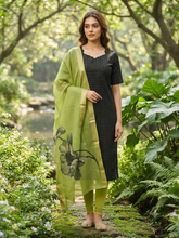BLACK RAW SILK KURTI WITH KALAMKARI DUPATTA 0604