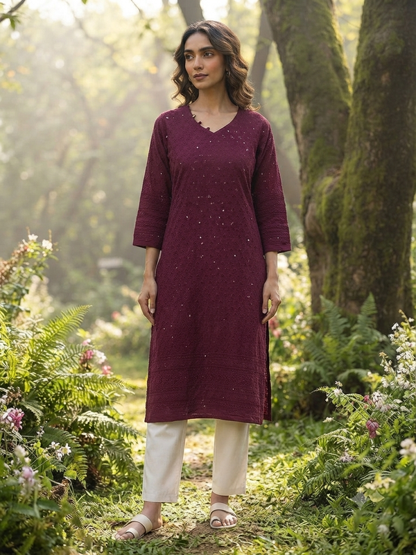 CHIKANKARI KURTIS WINE 0605