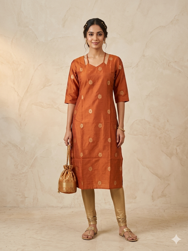 MILD ORANGE NOODLE NECK RAW SILK KURTIS 0560