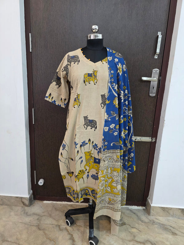 HAND PAINTED KALAMKARI COTTON KURTI +DUPPATTA 0561