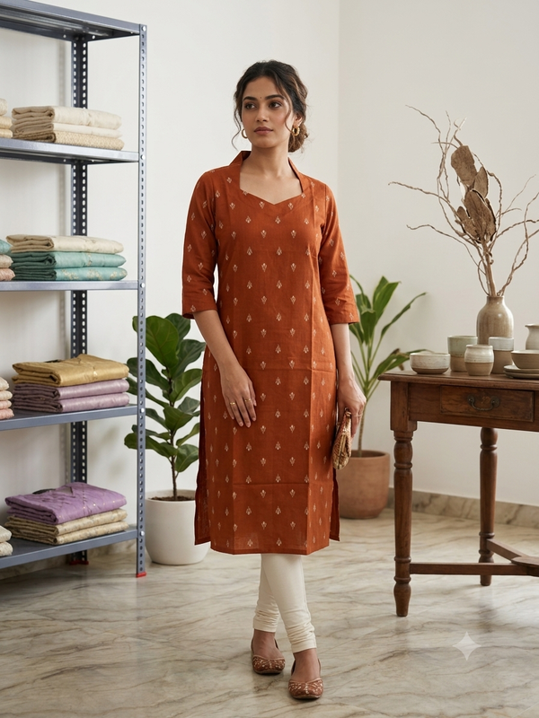V SHAPED COLLAR PREMIUM FLEX COTTON KURTIS RUST 0582