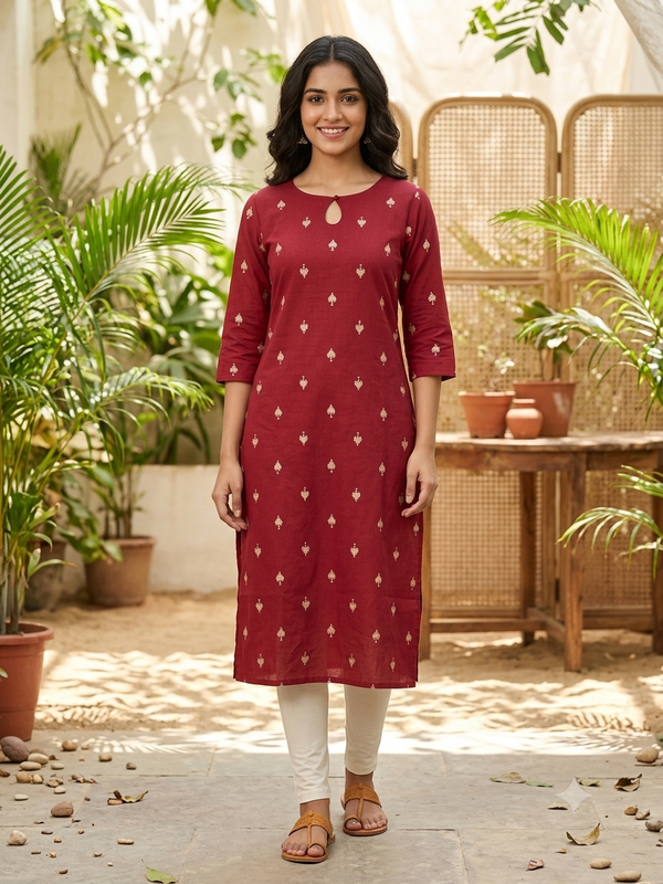 KEYHOLE NECK PREMIUM FLEX COTTON KURTIS MAROON /0582