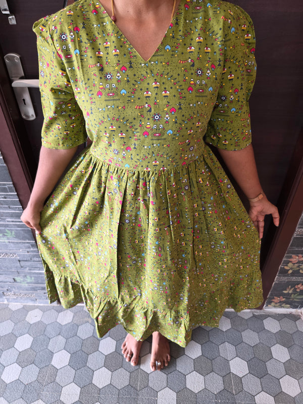 GREEN WARLI DESIGN COTTON MAXI DRESS 0550
