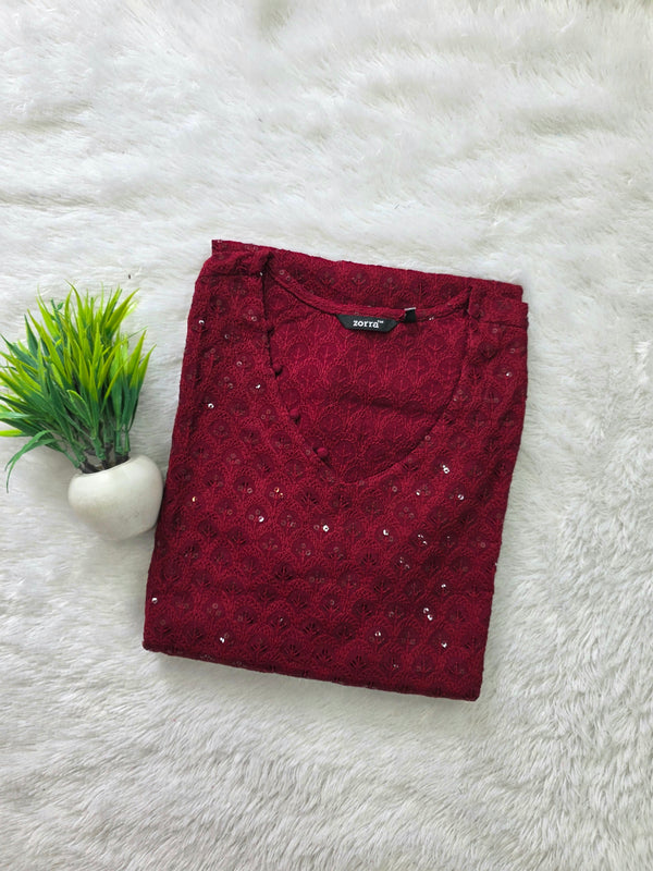 CHIKANKARI KURTIS MAROON 0605