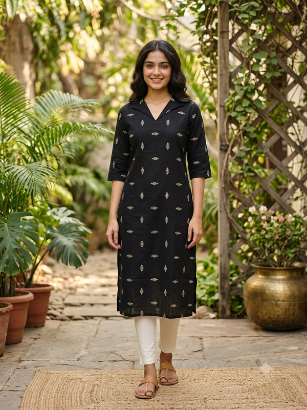 V- COLLAR NECK PREMIUM FLEX COTTON KURTIS BLACK /0582