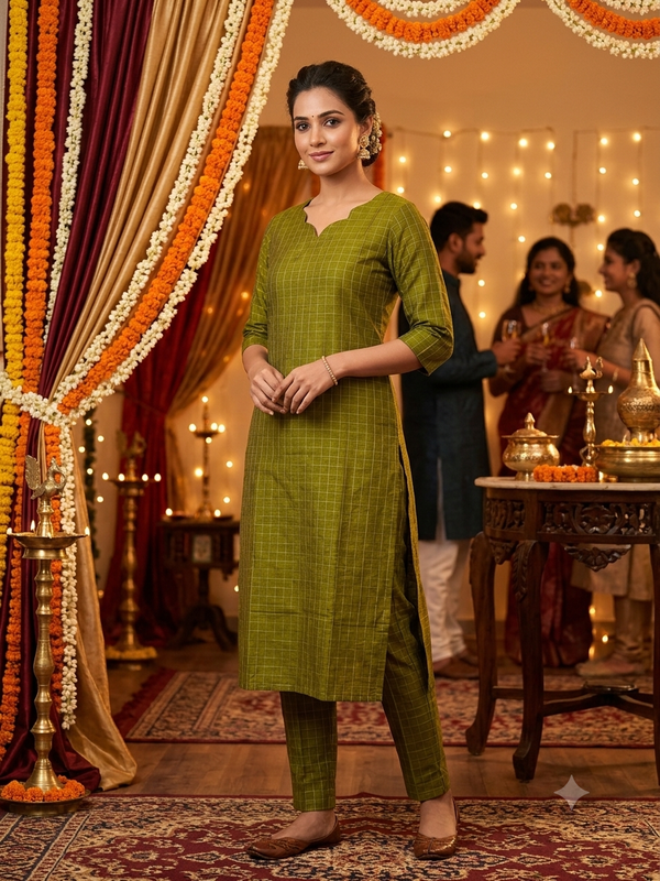 RAW SILK CHECKED CO-ORD SETS OLIVE GREEN 0661