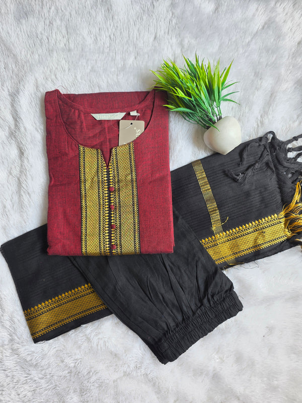 MAROON & BLACK HANDLOOM MANGALGIRI COTTON SALWAR SETS 0483