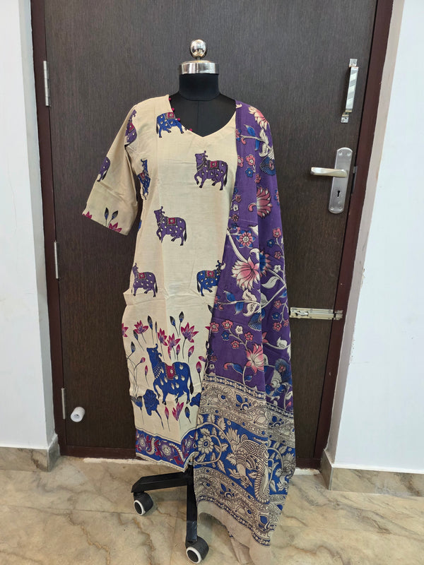 HAND PAINTED KALAMKARI COTTON KURTI +DUPPATTA 0561