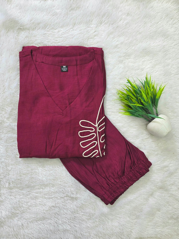 LEAF THREAD EMBROIDERED CO-ORD SETS WINE 0595