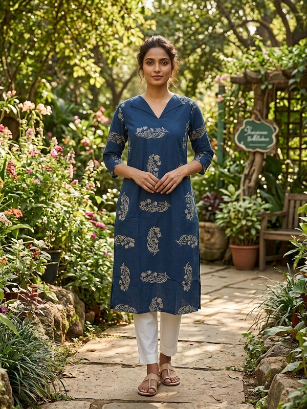 V COLLAR NECK PREMIUM COTTON KURTIS BLUE 0599