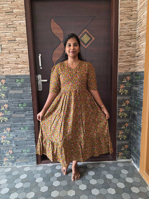 MUSTARD KALAMKARI DESIGN COTTON MAXI DRESS 0550
