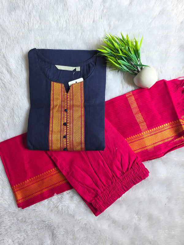 NAVY & PINK HANDLOOM MANGALGIRI COTTON SALWAR SETS 0483
