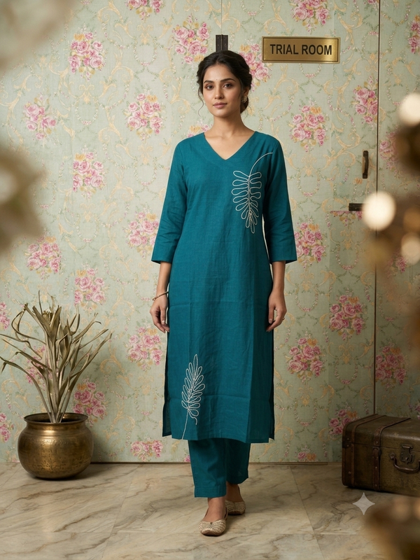 LEAF THREAD EMBROIDERED CO-ORD SETS TEAL 0595