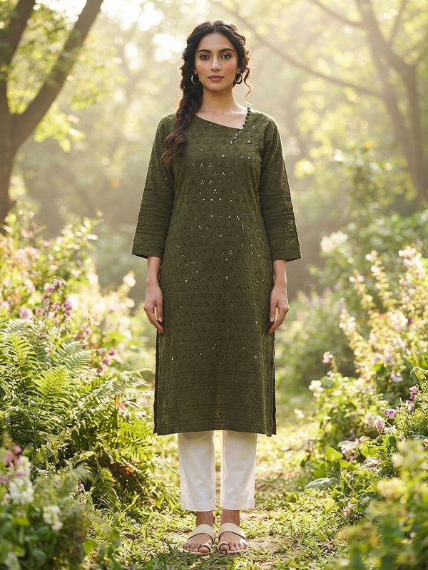 CHIKANKARI KURTIS MILITARY 0605