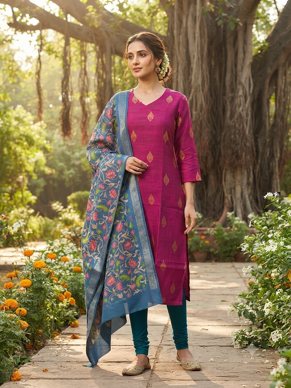 RAW SILK KURTI WITH KALAMKARI DUPATTA 0629