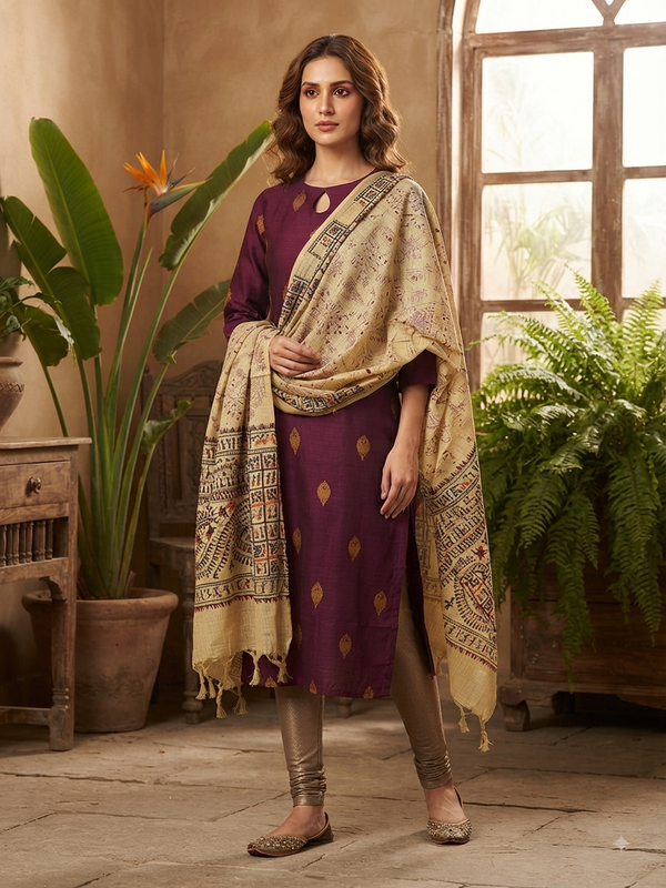 RAW SILK KURTI WITH MADHUBANI DUPATTA 0622