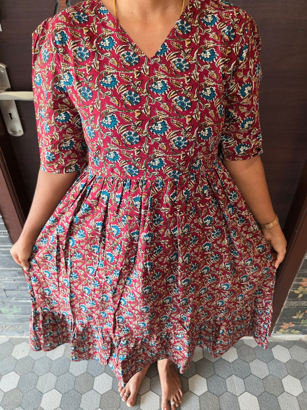 MAROON KALAMKARI DESIGN COTTON MAXI DRESS 0550