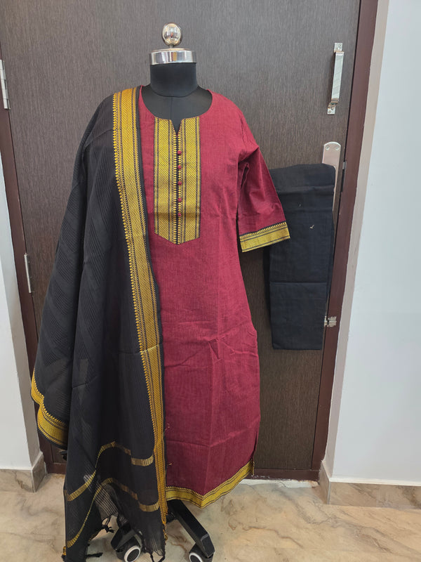 MAROON & BLACK HANDLOOM MANGALGIRI COTTON SALWAR SETS 0483