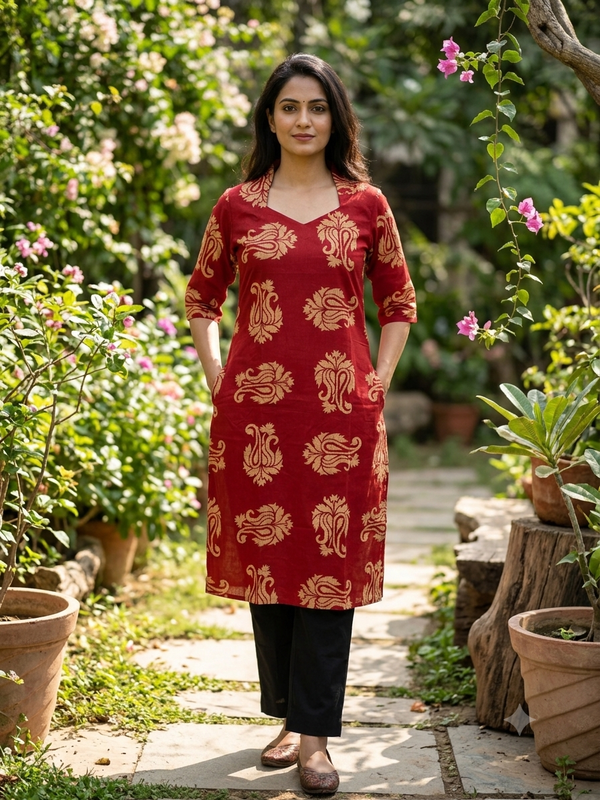 V SHAPED COLLAR PREMIUM COTTON KURTIS CRIMSON RED 0599