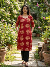 V SHAPED COLLAR PREMIUM COTTON KURTIS CRIMSON RED 0599
