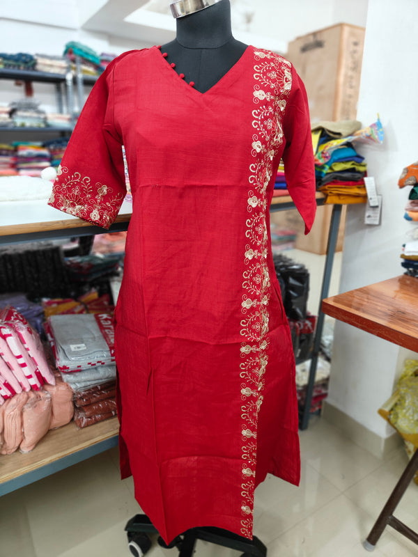 PREMIUM VATICAN SILK  ONE SIDE EMBRODIERY KURTIS 0490
