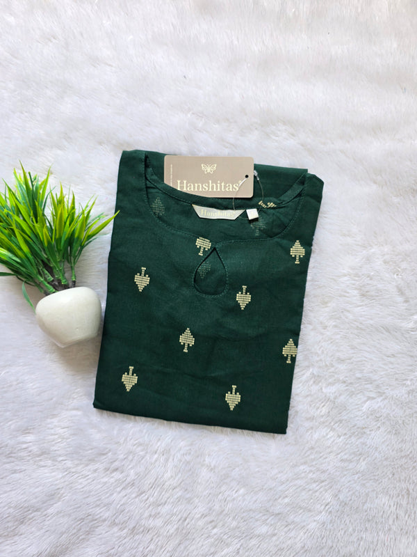 KEYHOLE NECK PREMIUM FLEX COTTON KURTIS BOTTLE GREEN /0582