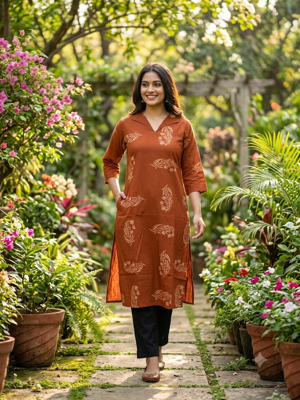 V COLLAR NECK PREMIUM COTTON KURTIS RUST 0599