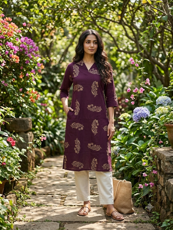 V COLLAR NECK PREMIUM COTTON KURTIS WINE 0599