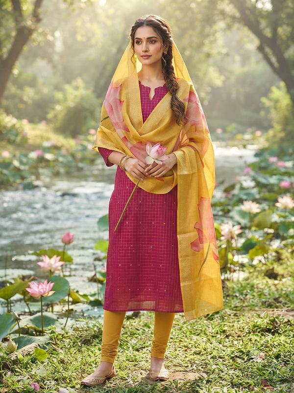 RAW SILK KURTI WITH KALAMKARI DUPATTA 0604