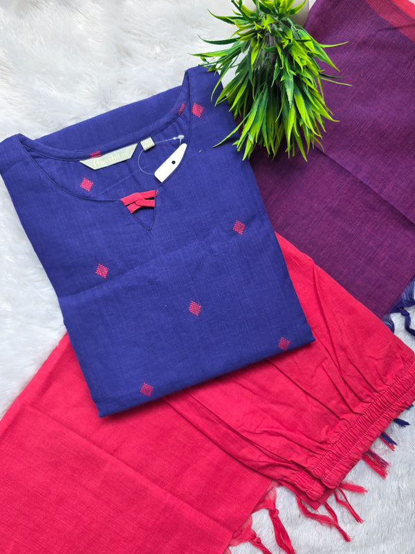 PURPLE BLUE WITH DARK CORAL PINK PREMIUM HANDLOOM DOBBY COTTON SALWAR SETS 0540