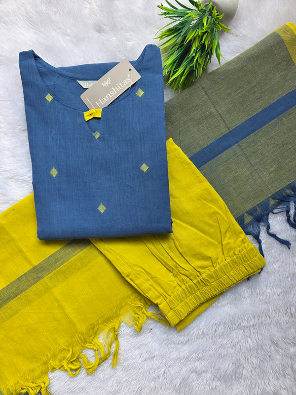 BLUE AND LEMON YELLOW PREMIUM HANDLOOM DOBBY COTTON SALWAR SETS 0540