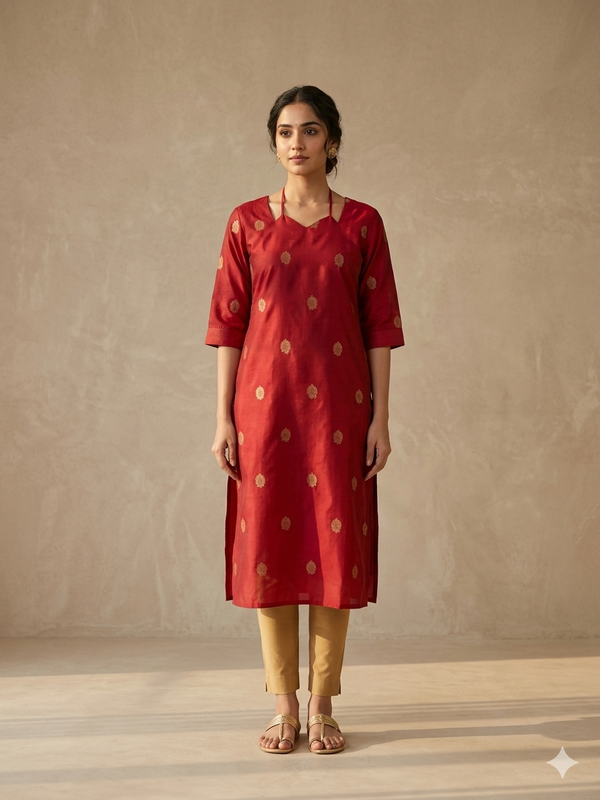 MILD RED NOODLE NECK RAW SILK KURTIS 0560