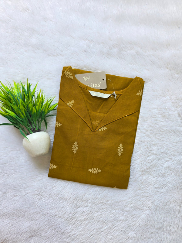 V- COLLAR NECK PREMIUM FLEX COTTON KURTIS MUSTARD /0582