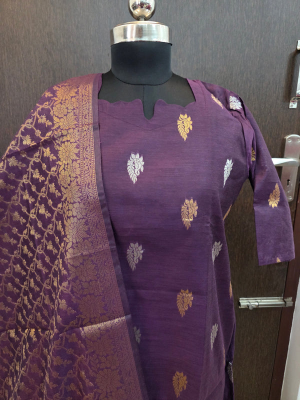 PREMIUM HANDLOOM PURPLE BANARASI KURTIS WITH MATCHING NEEM ZARI WEAVING BORDER 0521