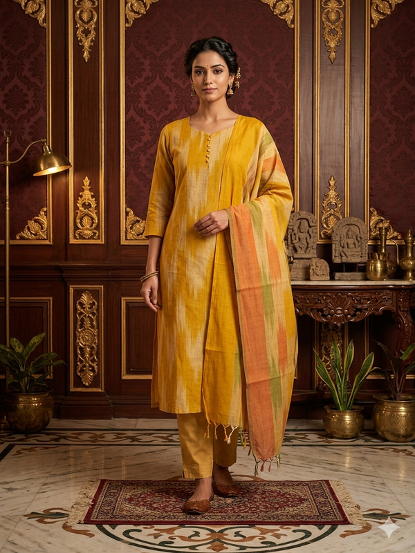 YELLOW PREMIUM HANDLOOM IKKAT COTTON SALWAR SETS 0539