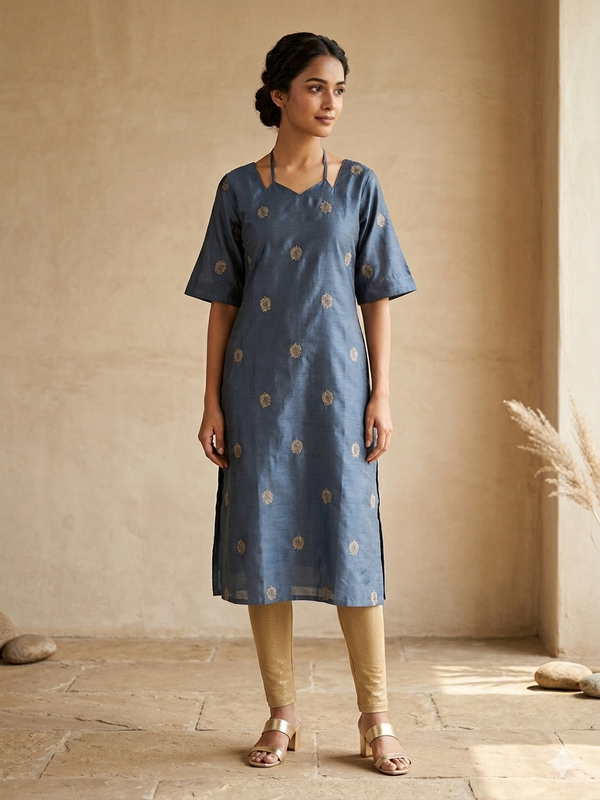 GREY NOODLE NECK RAW SILK KURTIS 0560