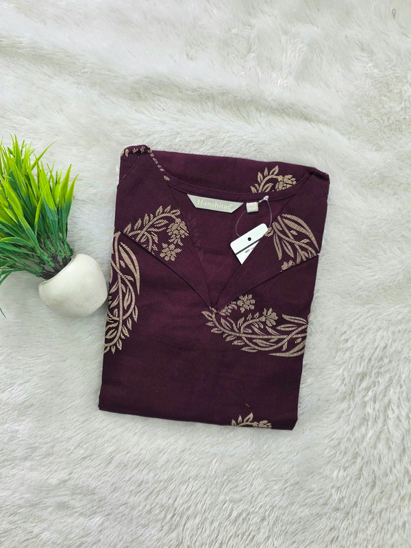 V COLLAR NECK PREMIUM COTTON KURTIS WINE 0599