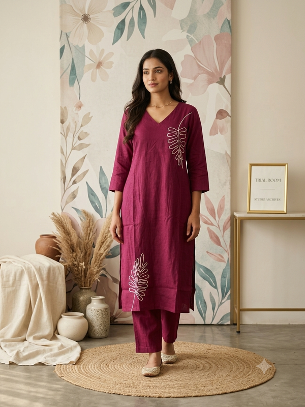 LEAF THREAD EMBROIDERED CO-ORD SETS WINE 0595