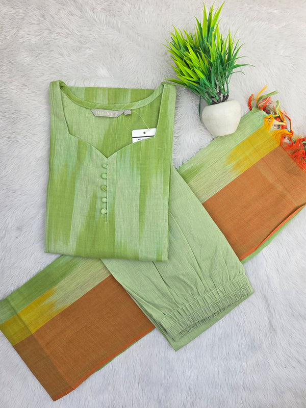 PISTA GREEN PREMIUM HANDLOOM IKKAT COTTON SALWAR SETS 0539