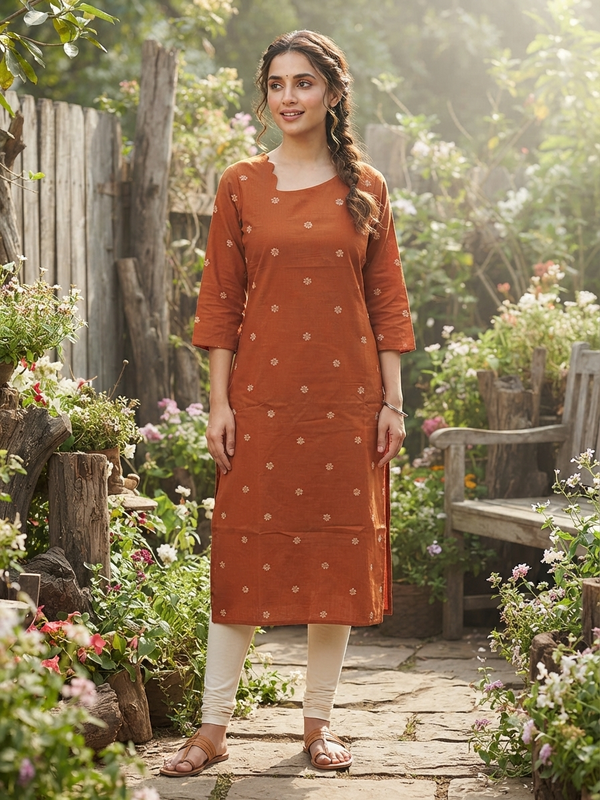 SCALLOPED PREMIUM FLEX COTTON KURTIS RUST 0599