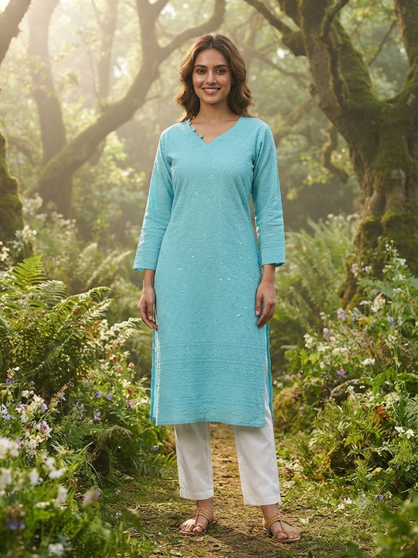 CHIKANKARI KURTIS SKYBLUE 0605