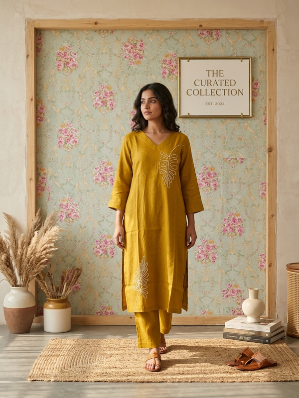 LEAF THREAD EMBROIDERED CO-ORD SETS MUSTARD 0595